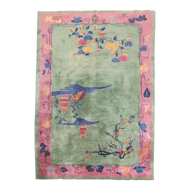 Pink Green Antique Chinese Art Deco Foyer Size Carpet For Sale