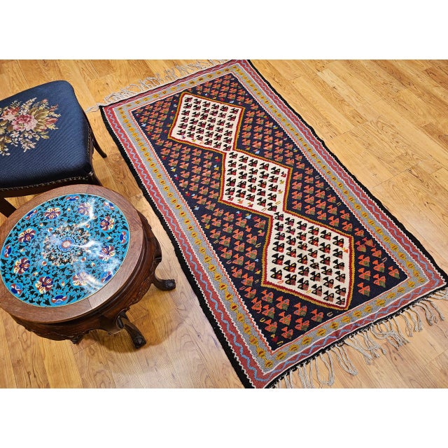 Textile Vintage Persian Senneh Kilim, Flat-Woven Wool Rug, Paisley Pattern, Ivory & Black, 3x6 For Sale - Image 7 of 15