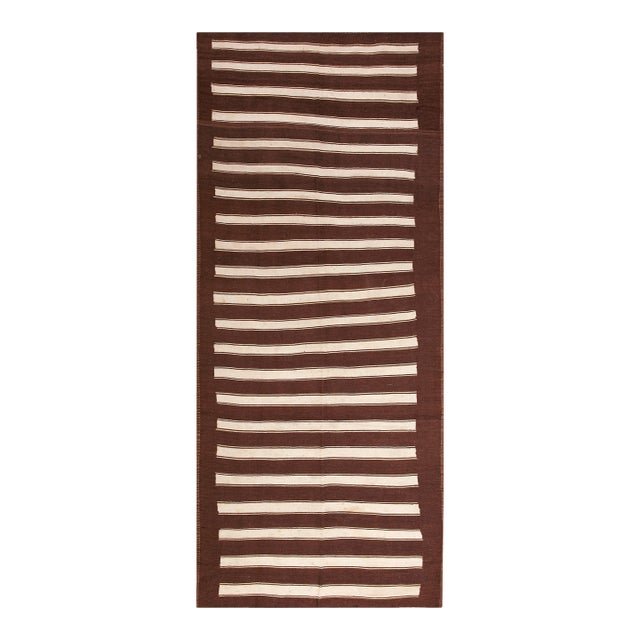 1940s Chocolate Brown Stripe Kilim Tribal Antique N.w. Persian Flat Weave Rug 5 X 12'10" Wool Carpet For Sale