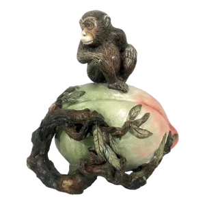Longevity Peach With Young Monkey Figure, Large Chinese Ceramic Figure / Model