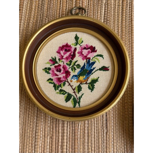 Victorian 1960s Vintage Floral Petit Point Roses Framed Embroidery Art - A Pair For Sale - Image 3 of 10