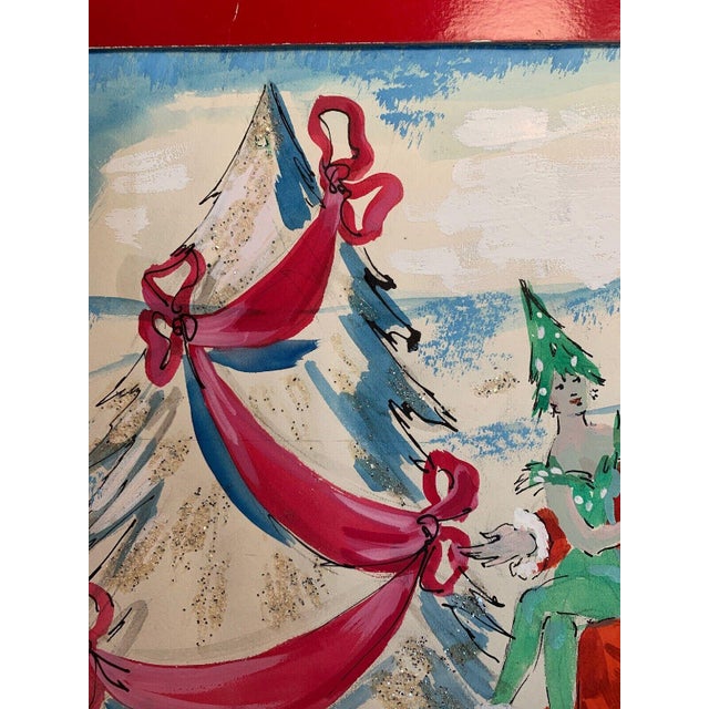 Traditional Lanvin of Paris C1950s Watercolor ‘Santa W/ Two ‘Glam’ Elves on His Lap' For Sale - Image 3 of 6