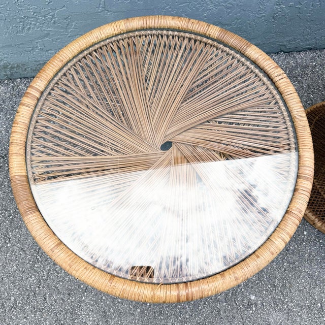 Boho Chic Boho Chic Buri Rattan Circular Inlaid Glass Top Side Tables - A Pair For Sale - Image 3 of 8