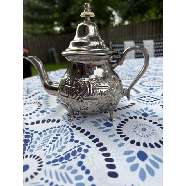 Ornate Silver Moroccan Teapot and Double handle silver plate decorative Tray