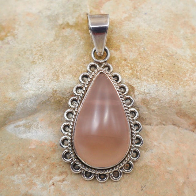 Rustic European Rose Quartz Teardrop in Sterling Silver Pendant For Sale - Image 3 of 8