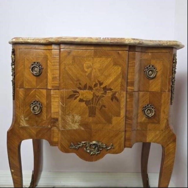 Vintage Louis XVI Style Wood Inlay Marquetry Cabinet, Commode, or End Table, Italian Marble Top, Brass Fixtures and Trim...