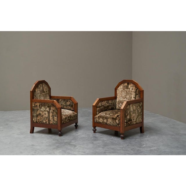 Pair of Art Deco Armchairs in Solid Wood and Tapisserie, 1930s. This is an incredible museum worthy pair of art deco...