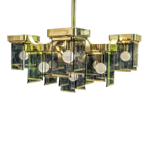 1970s Italian Gaetano Sciolari Midcentury Modern Brutalist 9-Arm Brass and Smoke Glass Chandelier