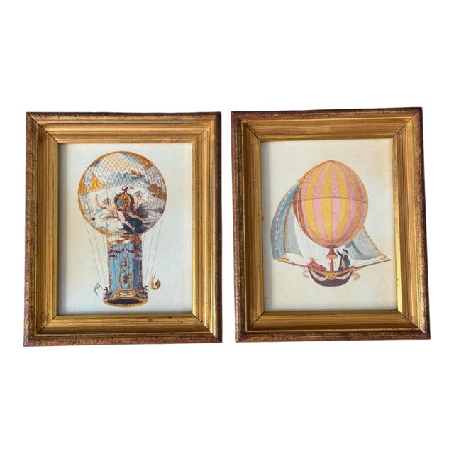 Mid 20th Century Framed Montgolfier Hot Air Balloon Art 1785 Prints - Set of 2 For Sale