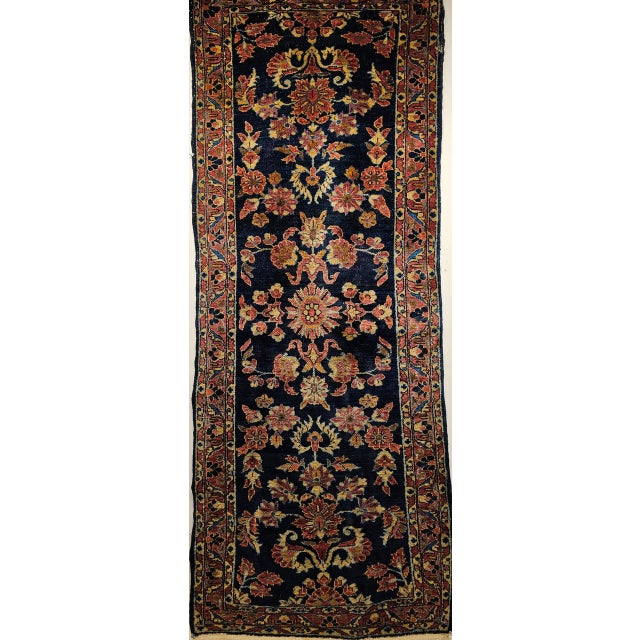 Navy Blue Antique Persian Lilian Runner Rug, Hand-Knotted Wool, Floral Design, Navy & Red, 3x7 For Sale - Image 8 of 15