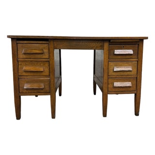 Vintage Arts & Crafts Mission Oak Pedestal Teacher Desk Office Desk Library Desk For Sale