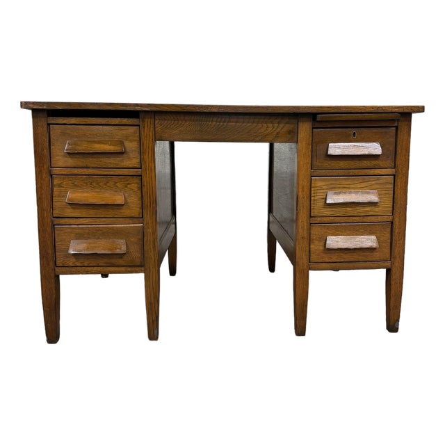 Vintage Arts & Crafts Mission Oak Pedestal Teacher Desk Office Desk Library Desk For Sale