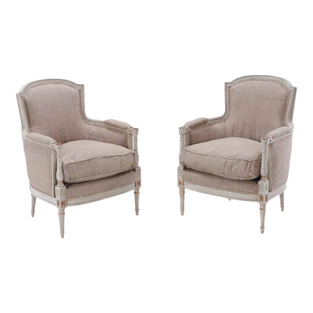 Painted and Gilt Louis XVI Style Bergere Chairs Circa 1950 With Recent Burlap Fabric. For Sale