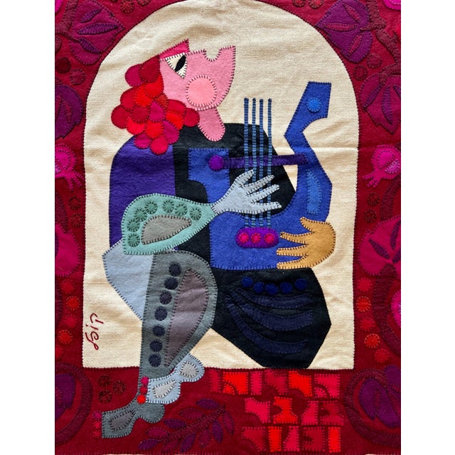 Kopel Gurwin, Wool Felt Applique Israeli Folk Art Signed Tapestry Kopel Gurwin Bezalel School For Sale In Miami - Image 6 of 11