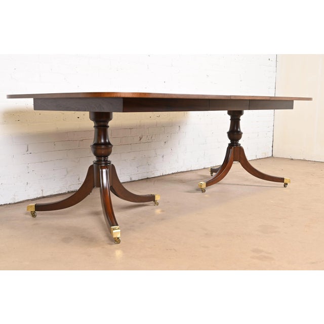 Baker Furniture Style Georgian Banded Mahogany Double Pedestal Extension Dining Table, Newly Refinished For Sale In South Bend - Image 6 of 12