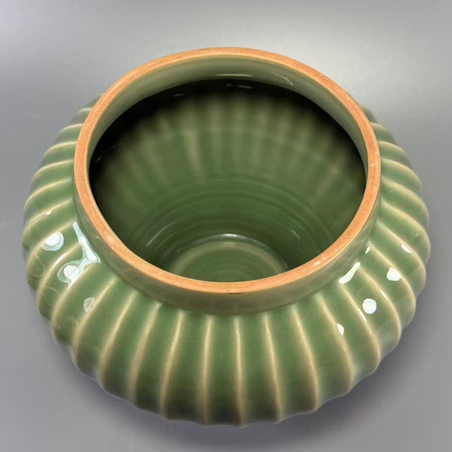Vintage Chinese Longquan Celadon Porcelain Lidded Jar | One of a Kind, Ribbed‑Striped Body For Sale - Image 4 of 8