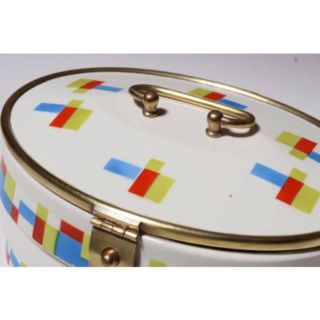 German Art Deco Ceramic and Brass Biscuit Tin With Geometric Motif For Sale - Image 13 of 18