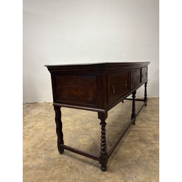 Antique English Oak Sideboard With Inlay Design and Barley Twist Legs For Sale - Image 4 of 9