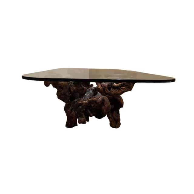 Contemporary Vintage 1970’s Dark Walnut Burl Wood Coffee Table With Beveled Glass Top For Sale - Image 3 of 6
