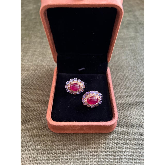 Gemstone Bochic "Capri" Vintage Ruby & Multi Lavender Tanzanite Earrings Set 18K Gold & Silver For Sale - Image 7 of 18