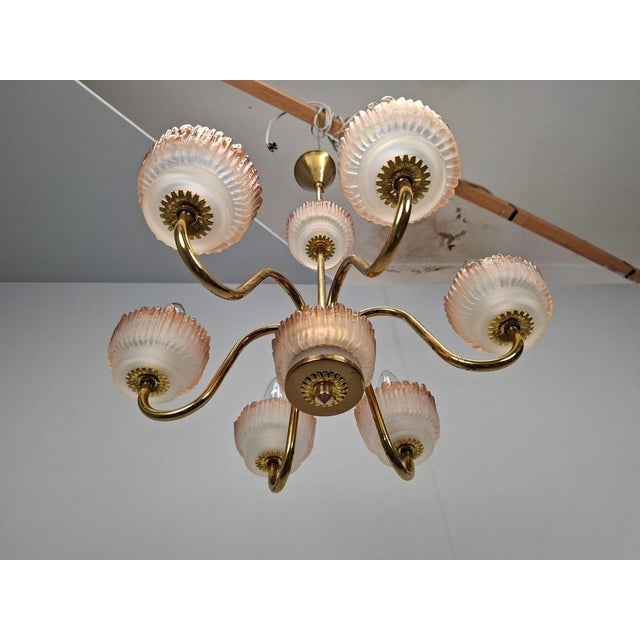 Metal Mid-Century Czech Brass and Frosted Glass 6-Arm Chandelier, Železný Brod, 1960s For Sale - Image 7 of 18