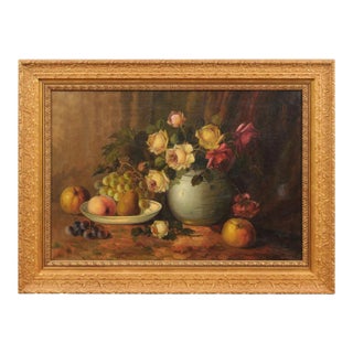 French Napoleon III 1860s Still-Life Oil Painting Depicting Roses and Fruits For Sale