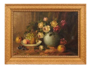 French Napoleon III 1860s Still-Life Oil Painting Depicting Roses and Fruits