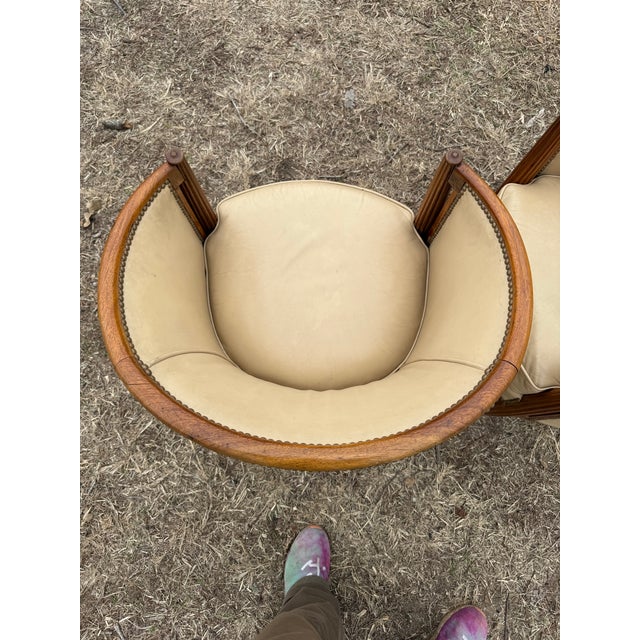 1940s French Art Deco Leather Solid Mahogany Barrel Back Club Chairs - A Pair For Sale - Image 12 of 12