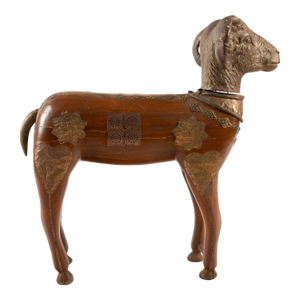 Majestic Indian Brass-Mounted Wooden Ram Sculpture