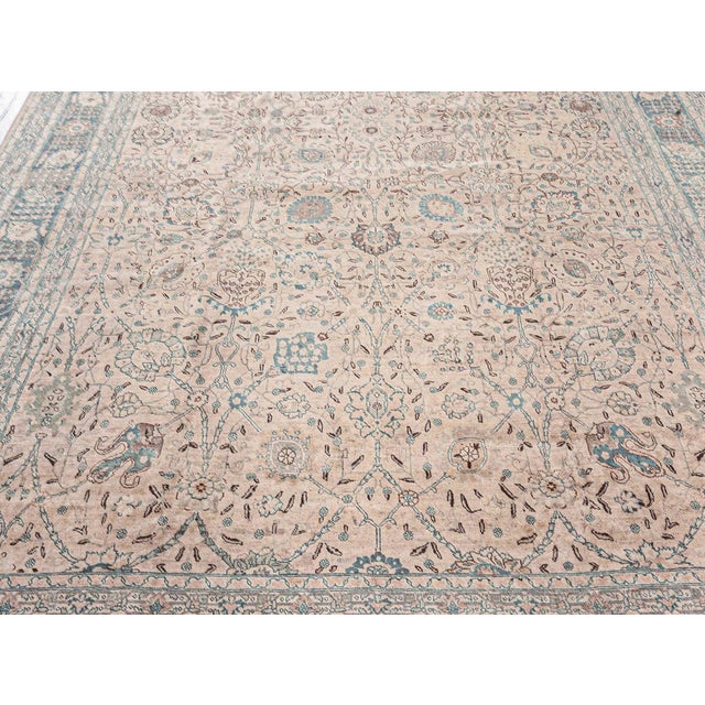 Textile Authentic Persian Tabriz Beige Green Handmade Wool Rug For Sale - Image 7 of 8