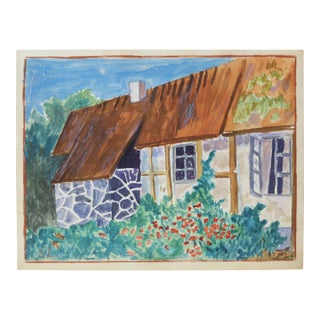 1950s Swedish Mid-Century Folk Art Water Color Painting of a Traditional Thatched Roof Village House Cottage For Sale