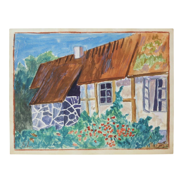1950s Swedish Mid-Century Folk Art Water Color Painting of a Traditional Thatched Roof Village House Cottage For Sale