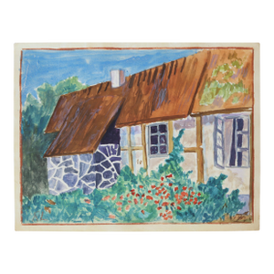 1950s Swedish Mid-Century Folk Art Water Color Painting of a Traditional Thatched Roof Village House Cottage