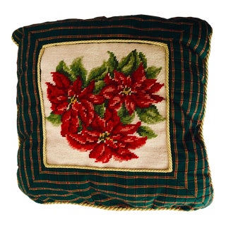 Vintage Handmade Needlepoint Floral Design Pillow For Sale