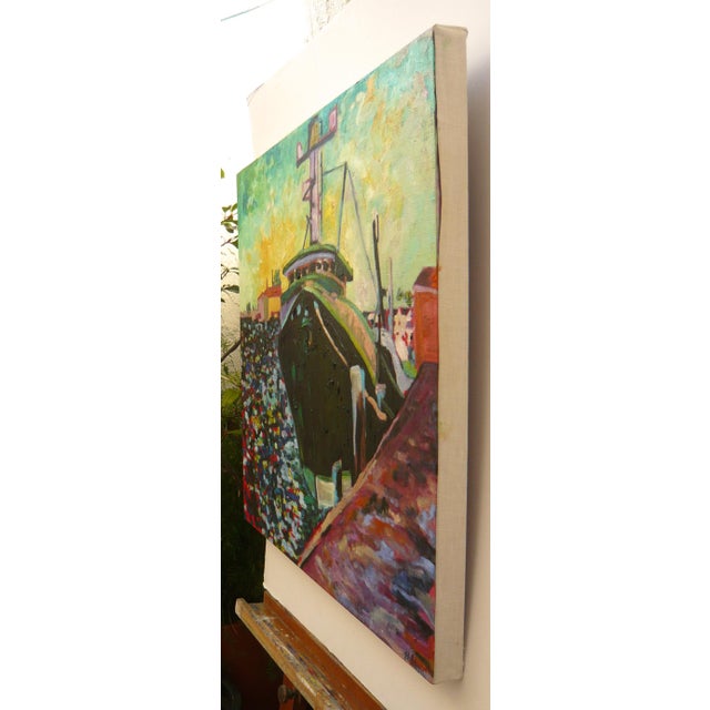 Blue Martha Holden, Large "Ship in the Harbor" Contemporary Expressionist Style Nautical Oil Painting For Sale - Image 8 of 11