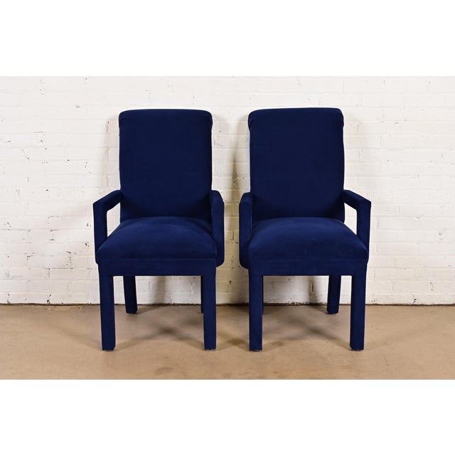 A gorgeous pair of Modern or Postmodern Parsons blue upholstered armchairs or dining captain chairs By Paul Evans for...