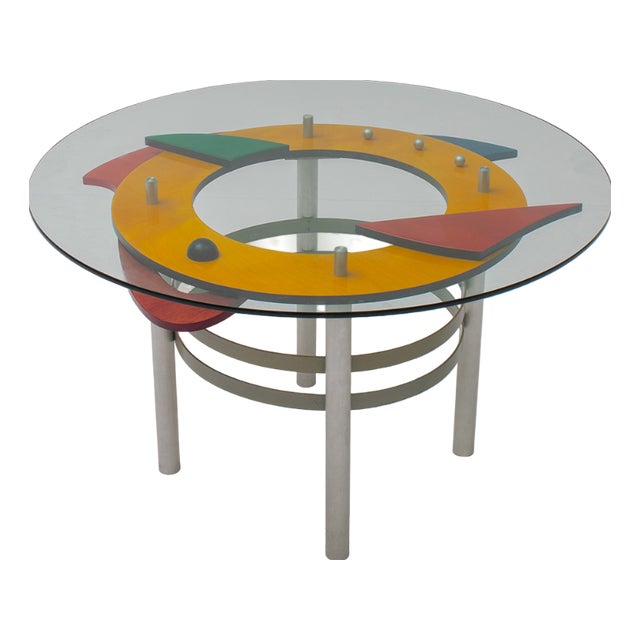 Postmodern Table in Metal, Wood and Glass, 1980s For Sale