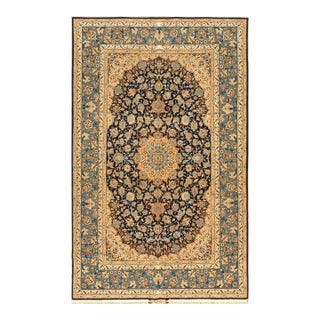 1940s Blue Navy Medallion Antique Persian Isfahan Rug Signed Abtin 4'10" X 7 10" Handknotted Wool Carpet For Sale