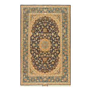 1940s Blue Navy Medallion Antique Persian Isfahan Rug Signed Abtin 4'10" X 7 10" Handknotted Wool Carpet