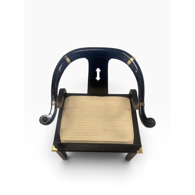Black Vintage Spanish Chinoiserie Black Lacquer & Brass Horseshoe Chair, James Mont Style For Sale - Image 8 of 13