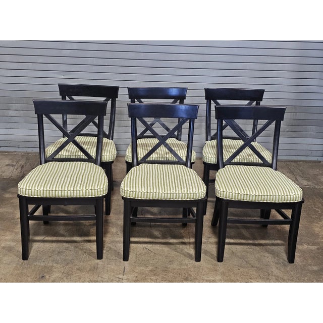 Modern Set of 6 Pottery Barn Black X Back Dining Chairs With Green Striped Padded Seats For Sale - Image 3 of 13