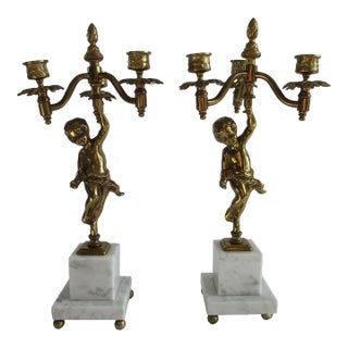 Vintage Brass Cherub Candelabras on Marble Base For Sale