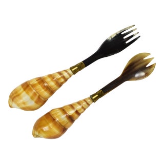 Vintage Art Deco Carved Natural Polished Horn With Natural Conch Seashell Handles Fork & Spoon- 2 Pieces For Sale
