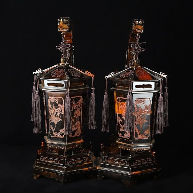 Bone Pair of Vintage Carved Horn Hexagonal Lantern Ornaments With Stands For Sale - Image 7 of 9
