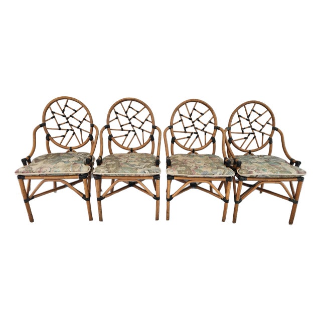 Set of Four Mid 20th Century McGuire Attributed Rattan and Leather "Cracked Ice" Dining Chairs For Sale