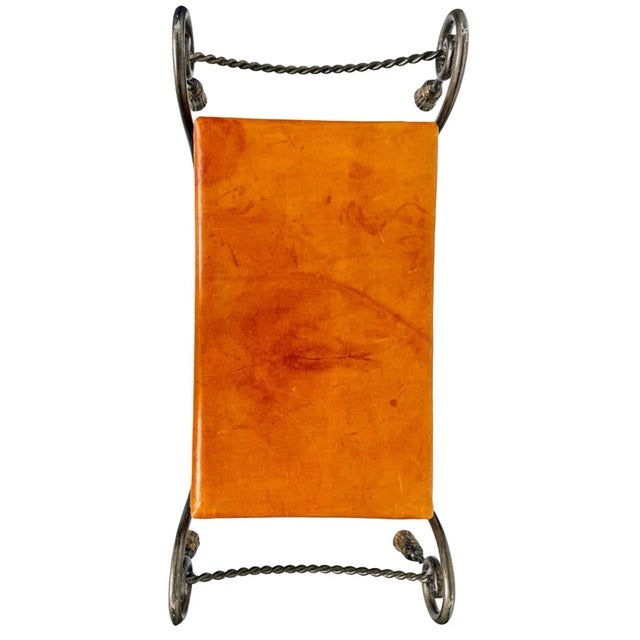 Gray Vintage Gray Steel Bench With Gold Tassels and Leather Seat For Sale - Image 8 of 11