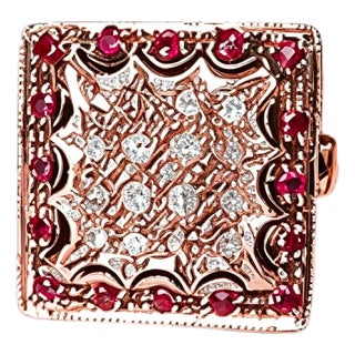 Late 19th Century 14K Pink Rose Gold Diamond Ruby Filigree Ring, Size 7.5 For Sale