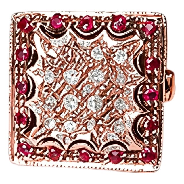 Late 19th Century 14K Pink Rose Gold Diamond Ruby Filigree Ring, Size 7.5 For Sale