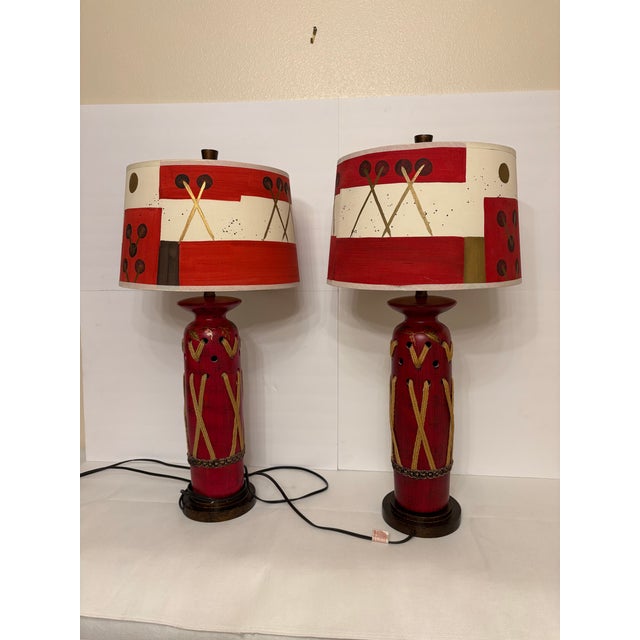 Vintage Hand-Painted Red Southwestern Ceramic Table Lamps - A Pair For Sale In Boise - Image 6 of 6