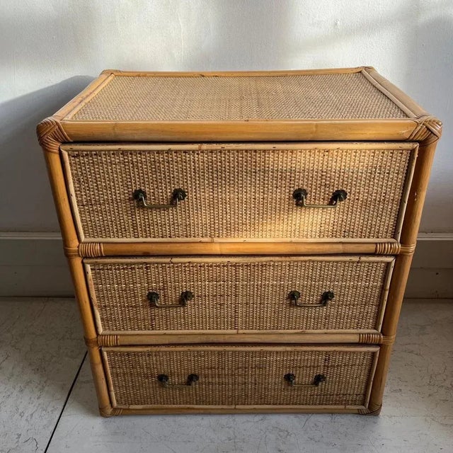 Italian Can and Bamboo Chest of Drawers with Brass Handles, 1960s For Sale - Image 6 of 9